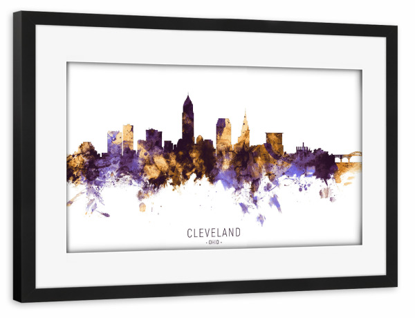 Poster mit Rahmen schwarz "Cleveland Ohio Skyline PurpleGold" artboxONE - Städte - Cleveland,Ohio,Skyline,Cityscape,Stadtbild,Watercolor,City,Usa