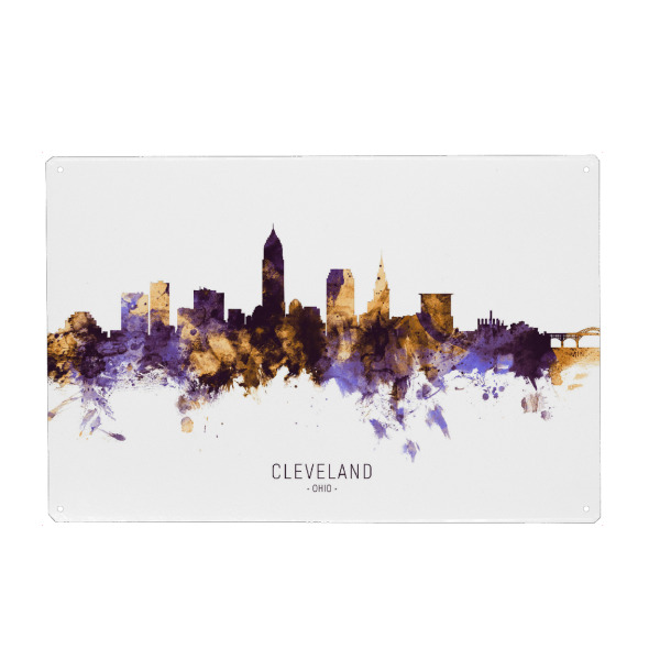 Holzbild "Cleveland Ohio Skyline PurpleGold" artboxONE - Städte - Cleveland,Ohio,Skyline,Cityscape,Stadtbild,Watercolor,City,Usa