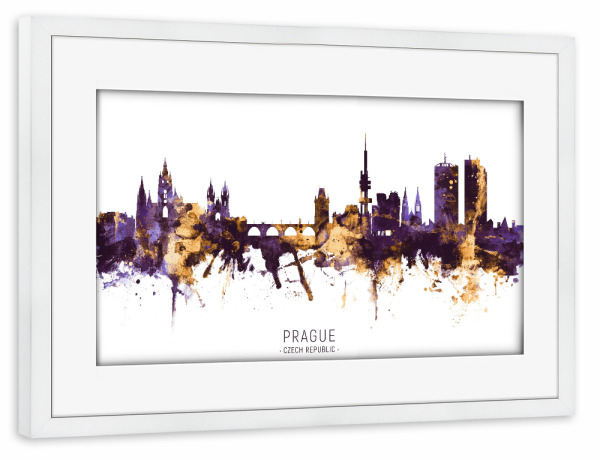 Poster mit Rahmen weiß "Prague Skyline PurpleGold" artboxONE - Städte,Städte / Prag