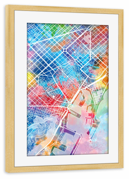 Poster mit Rahmen kiefer "Barcelona map watercolor" artboxONE - Städte,Reise,Städte / Barcelona,Kartografie