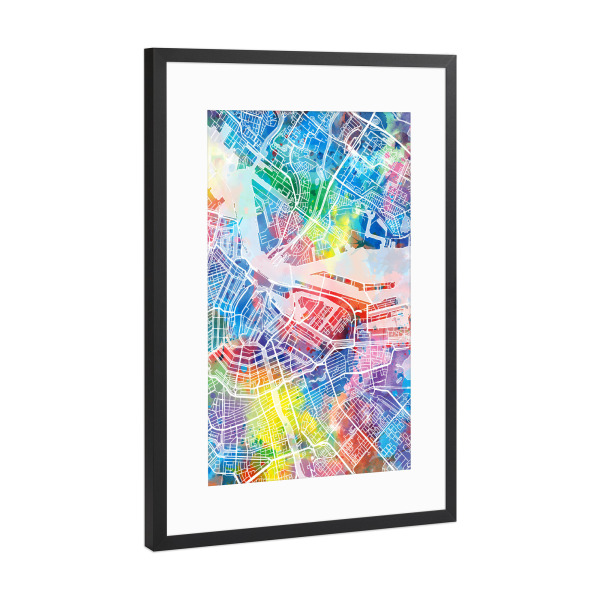 Poster mit Rahmen Schwarz (Metallic) "Amsterdam map watercolor" artboxONE - Städte,Städte / Amsterdam,Kartografie