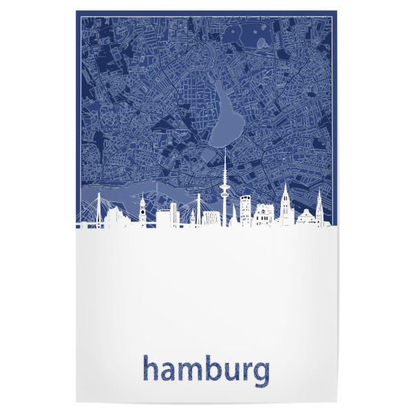 Poster "Hamburg skyline map blue" artboxONE - Städte,Städte / Hamburg,Architektur,Kartografie