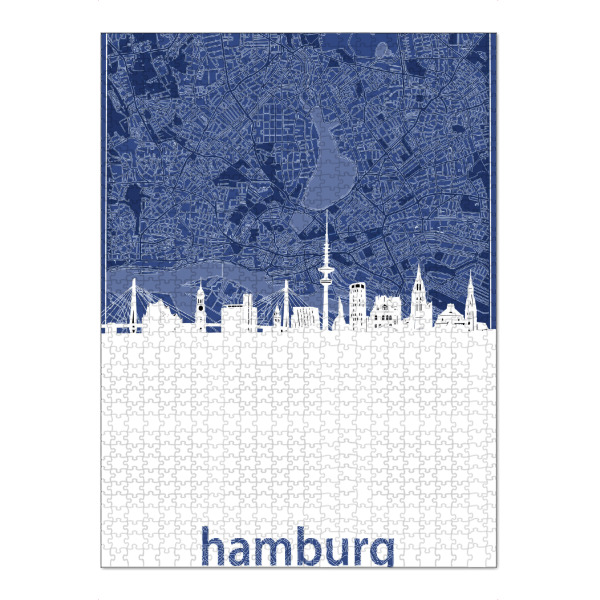 Puzzle Ravensburger "Hamburg skyline map blue" artboxONE - Städte,Städte / Hamburg,Architektur,Kartografie