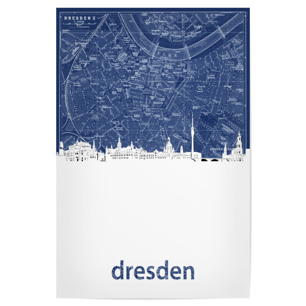 Poster 30x20 cm "Dresden skyline map blue" artboxONE - Städte,Architektur,Städte / Dresden,Kartografie