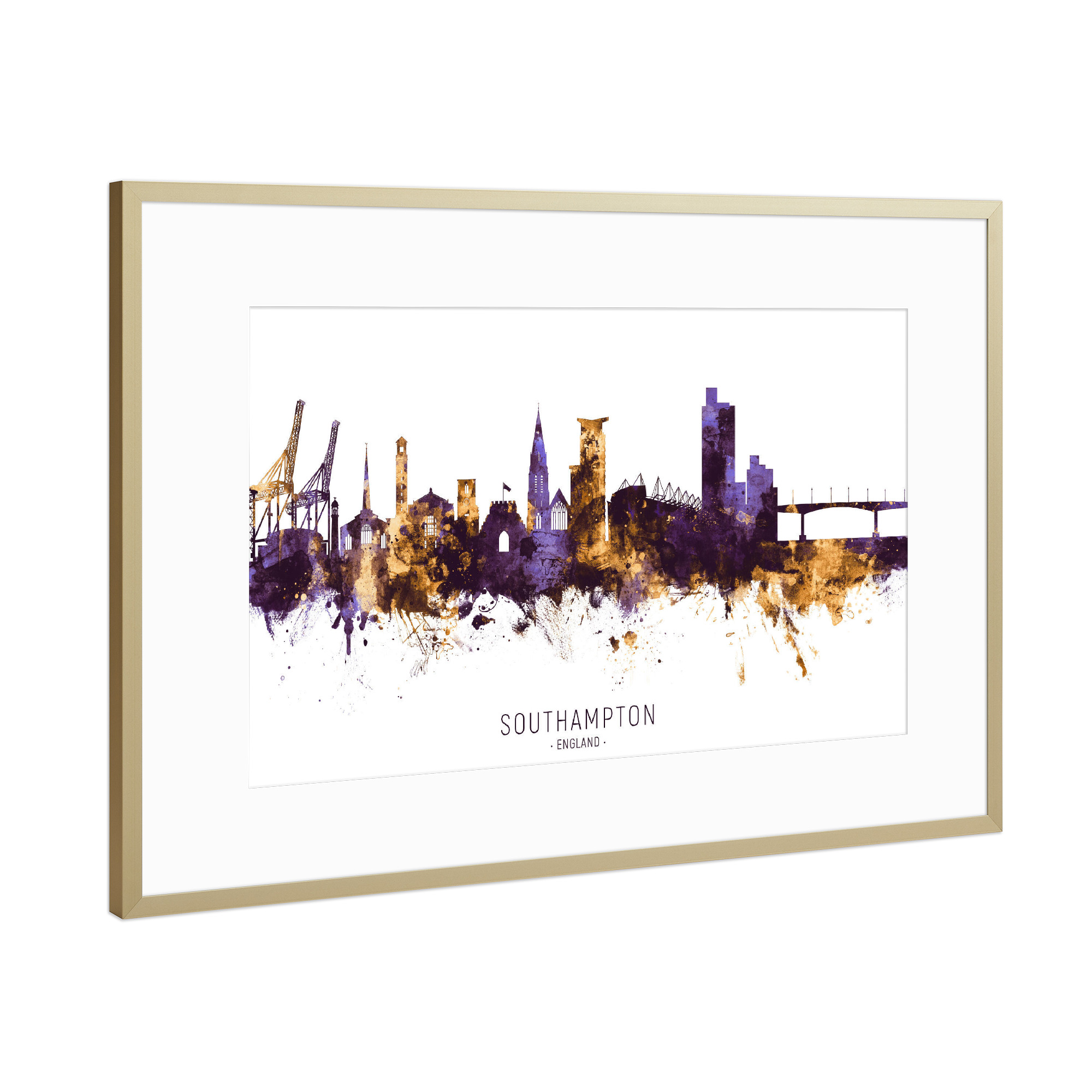 Poster mit Rahmen Gold "Southampton Skyline PurpleGold" artboxONE - Städte - Southampton,England,Skyline,Cityscape,Stadtbild,Watercolor,Europe,City