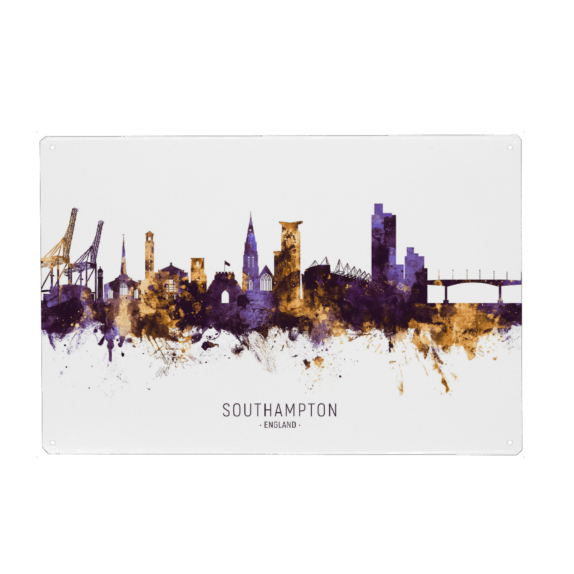 Holzbild "Southampton Skyline PurpleGold" artboxONE - Städte - Southampton,England,Skyline,Cityscape,Stadtbild,Watercolor,Europe,City