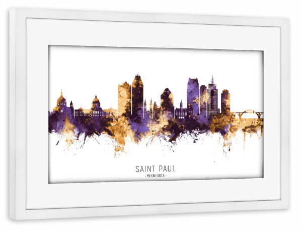 Poster mit Rahmen weiß "Saint Paul Skyline PurpleGold" artboxONE - Städte