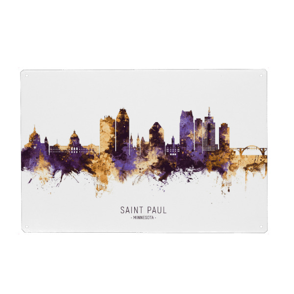 Holzbild "Saint Paul Skyline PurpleGold" artboxONE - Städte - Saint paul,Minnesota,Skyline,Cityscape,Stadtbild,Watercolor,Painting,Usa,City