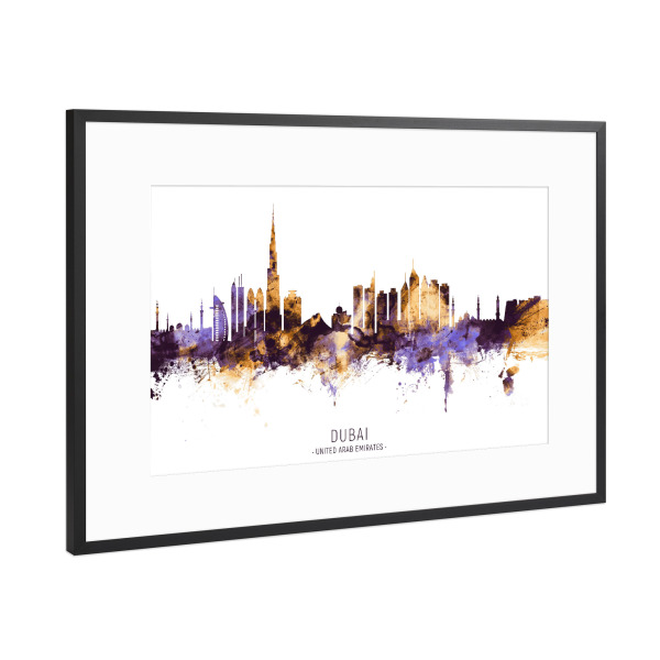 Poster mit Rahmen Schwarz (Metallic) "Dubai Skyline PurpleGold" artboxONE - Städte,Städte / Dubai