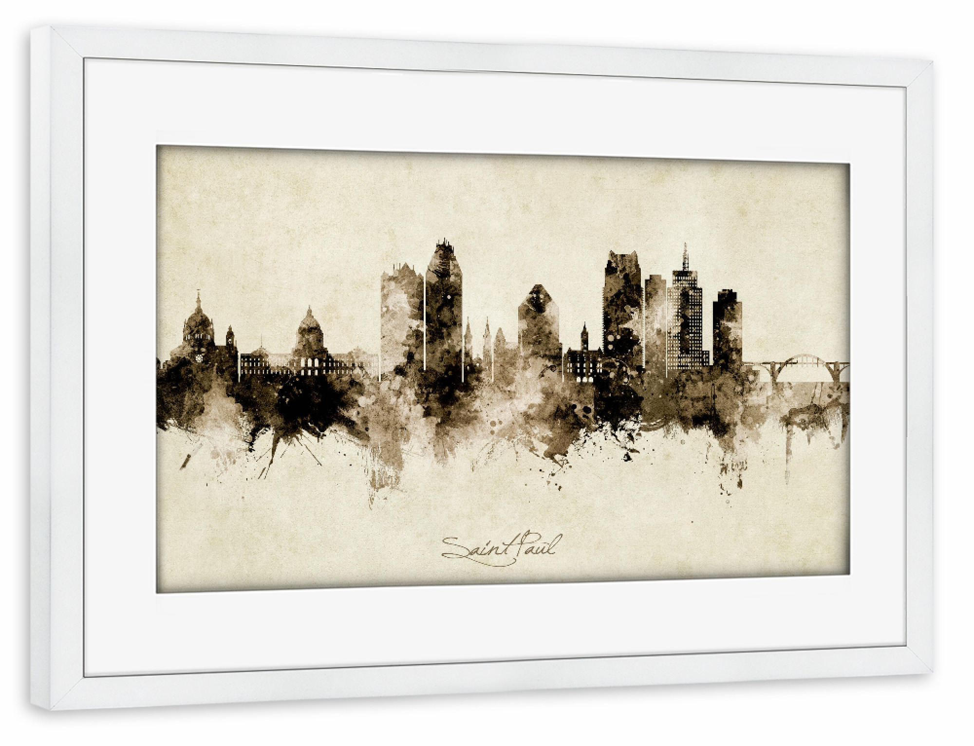 Poster mit Rahmen weiß "Saint Paul Minnesota Skyline Sepia" artboxONE - Städte - Saint paul,Minnesota,Skyline,Cityscape,Stadtbild,Watercolor,City,Usa