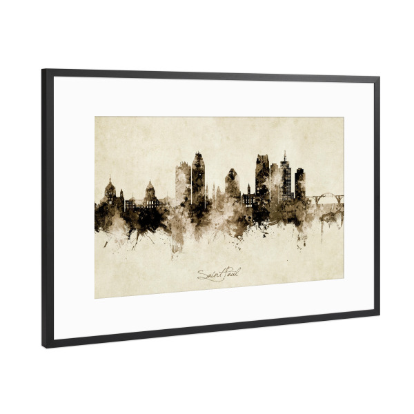 Poster mit Rahmen Schwarz (Metallic) "Saint Paul Minnesota Skyline Sepia" artboxONE - Städte