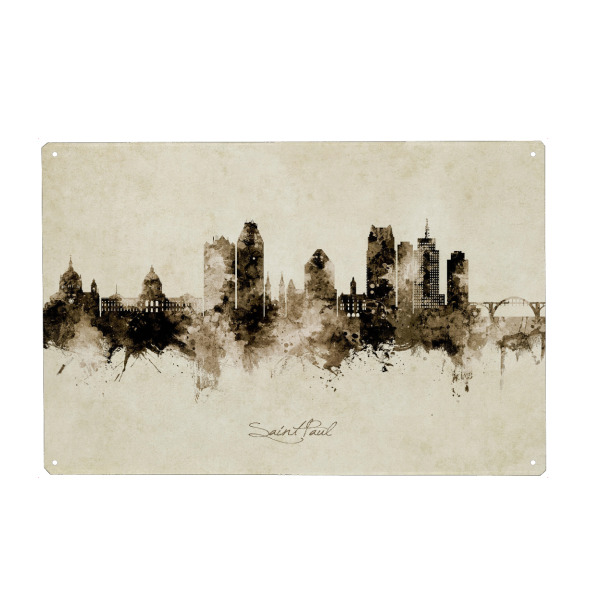 Holzbild "Saint Paul Minnesota Skyline Sepia" artboxONE - Städte - Saint paul,Minnesota,Skyline,Cityscape,Stadtbild,Watercolor,City,Usa