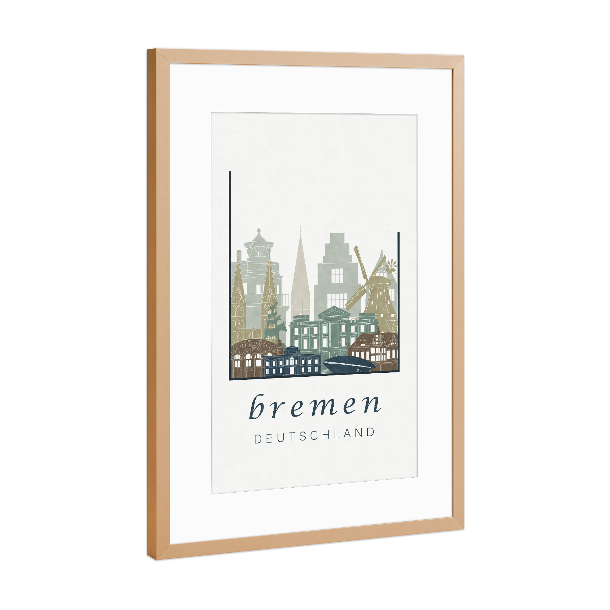 Poster mit Rahmen Kupfer "Bremen skyline light blue" artboxONE - Städte,Architektur,Kartografie