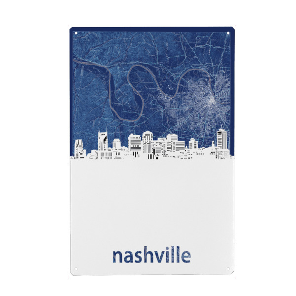 Holzbild "Nashville skyline map blue" artboxONE - Städte,Reise,Architektur,Kartografie
