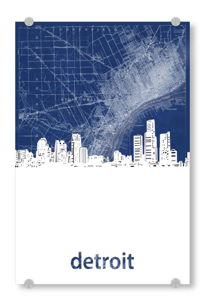 Acrylglasbild "Detroit skyline map blue" artboxONE - Städte,Architektur,Kartografie