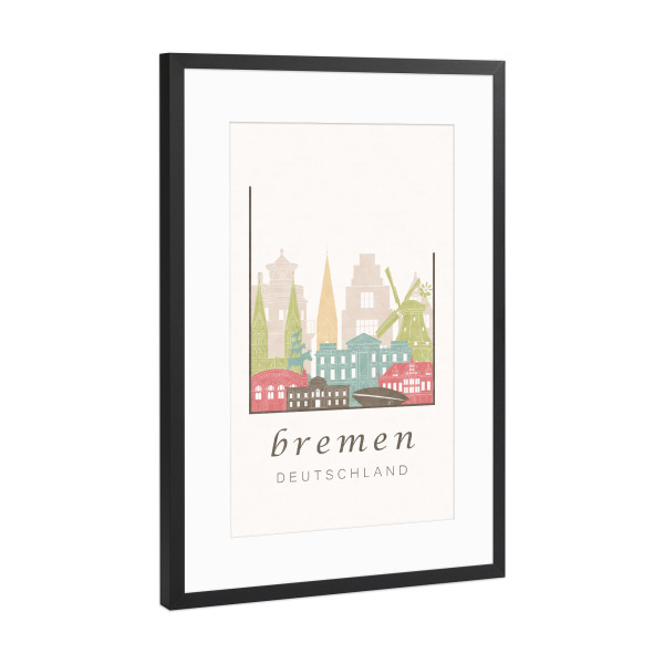 Poster mit Rahmen Schwarz (Metallic) "Bremen skyline, pastel" artboxONE - Städte,Architektur,Kartografie
