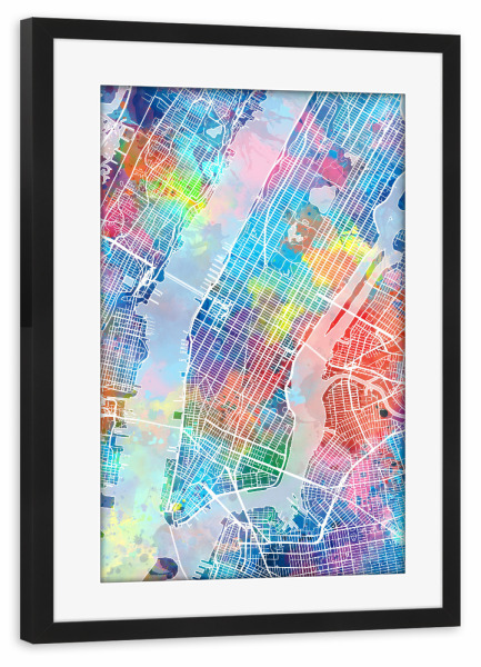 Poster mit Rahmen schwarz "New york map watercolor" artboxONE - Städte,Städte / New York,Reise,Abstrakt,Kartografie