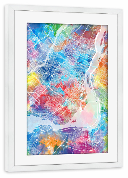 Poster mit Rahmen weiß "Montreal map watercolor" artboxONE - Städte,Reise,Abstrakt,Kartografie