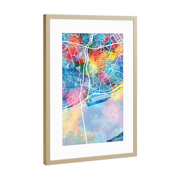 Poster mit Rahmen Gold "Lisbon map watercolor" artboxONE - Städte,Reise,Abstrakt,Kartografie