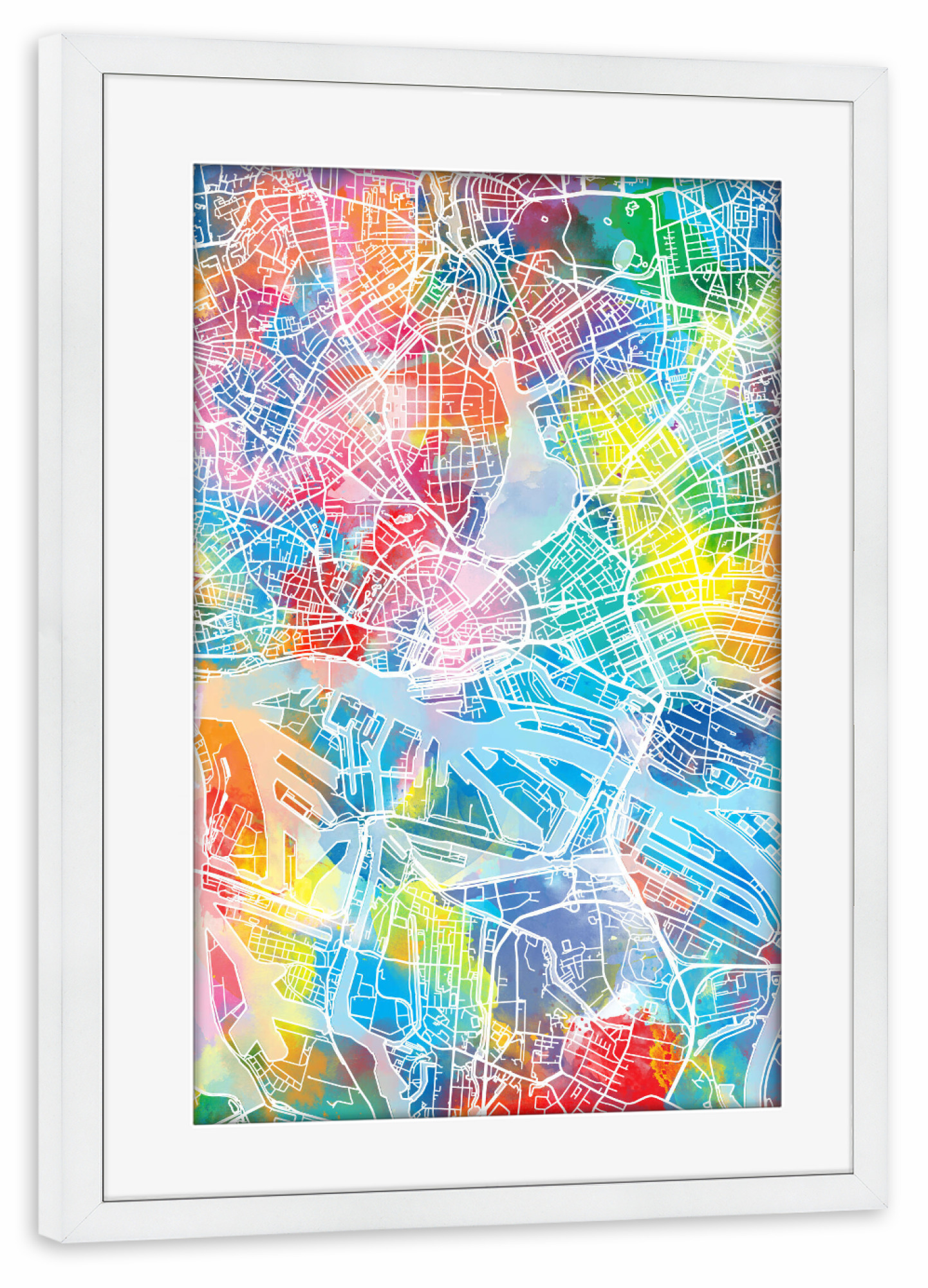 Poster mit Rahmen weiß "Hamburg map watercolor" artboxONE - Städte,Städte / Hamburg,Reise,Abstrakt,Kartografie