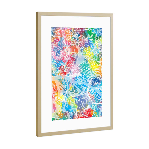 Poster mit Rahmen Gold "Hamburg map watercolor" artboxONE - Städte,Städte / Hamburg,Reise,Abstrakt,Kartografie