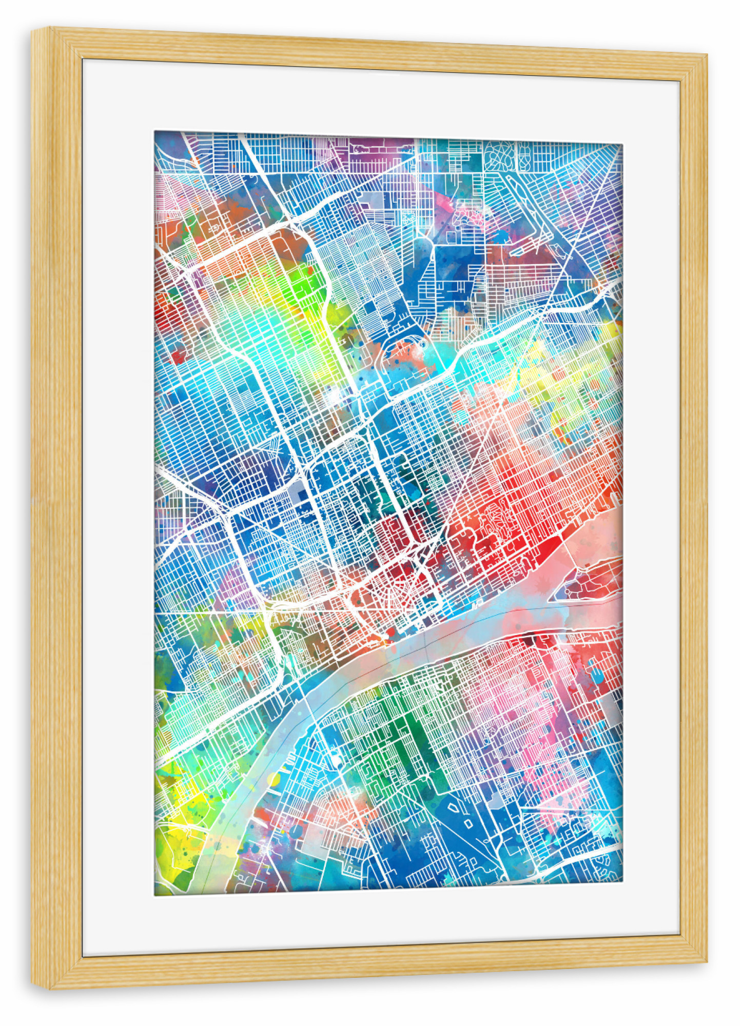 Poster mit Rahmen kiefer "Detroit map watercolor" artboxONE - Städte,Reise,Städte / Weitere,Kartografie