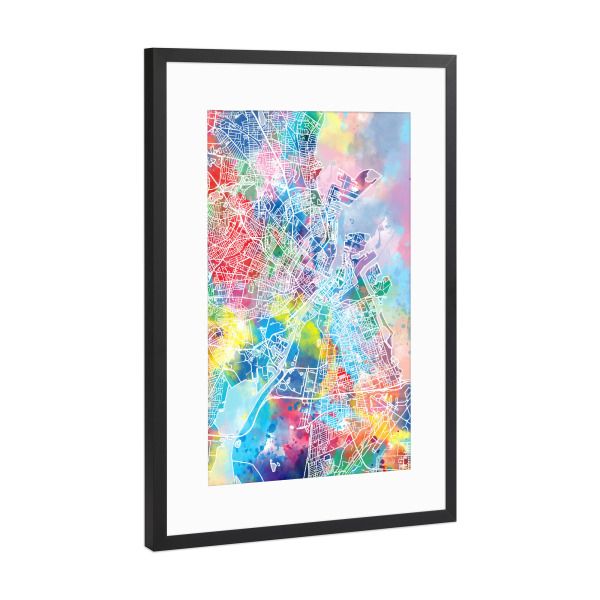 Poster mit Rahmen Schwarz (Metallic) "Copenhagen map watercolor" artboxONE - Städte,Reise,Städte / København,Kartografie