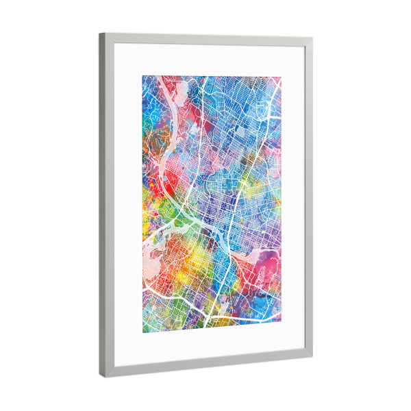 Poster mit Rahmen Silber "Austin map watercolor" artboxONE - Städte,Reise,Städte / Weitere,Kartografie