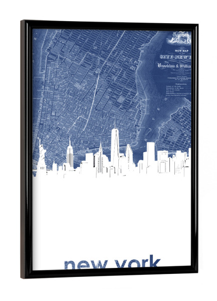 Poster mit schwarzem Rahmen "New york skyline map blue" artboxONE - Städte,Städte / New York,Architektur,Kartografie