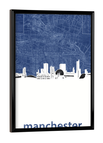 Poster mit schwarzem Rahmen "Manchester skyline map blue" artboxONE - Städte,Architektur,Kartografie