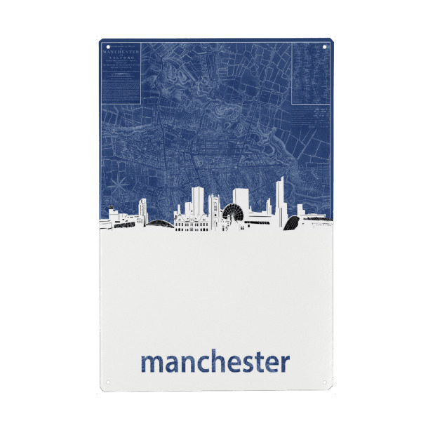 Metall Poster "Manchester skyline map blue" artboxONE - Städte,Architektur,Kartografie