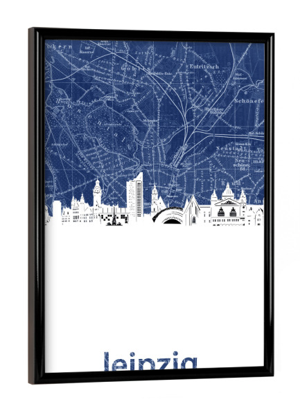 Poster mit schwarzem Rahmen "Leipzig skyline map blue" artboxONE - Städte,Architektur,Kartografie