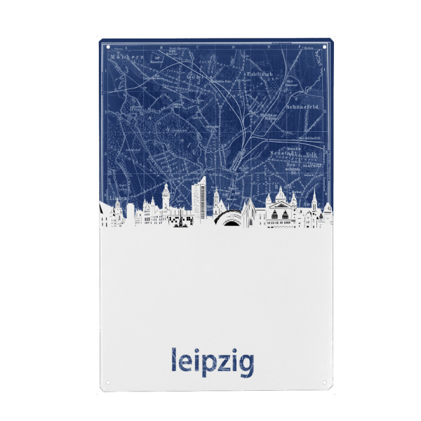 Metall Poster "Leipzig skyline map blue" artboxONE - Städte,Architektur,Kartografie