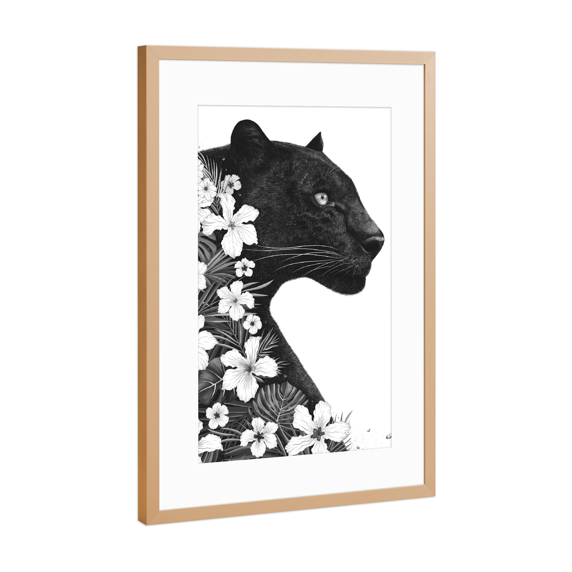 Poster mit Rahmen Kupfer "Panther with flowers" artboxONE - Natur,Floral,Tiere,Schwarzweiß - Panther,Cat,Black and white,Flowers,Animal