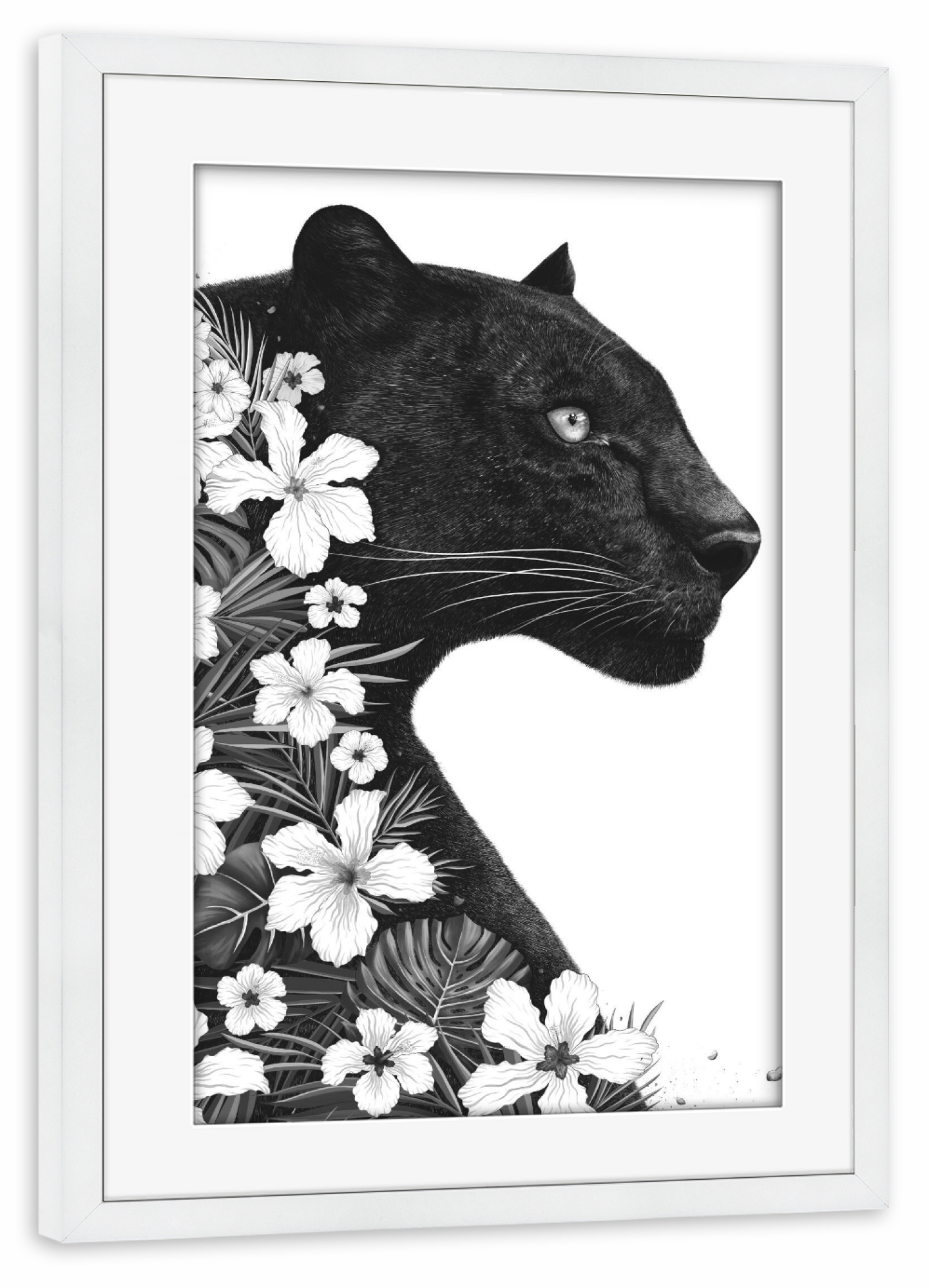 Poster mit Rahmen weiß "Panther with flowers" artboxONE - Natur,Floral,Tiere,Schwarzweiß - Panther,Cat,Black and white,Flowers,Animal