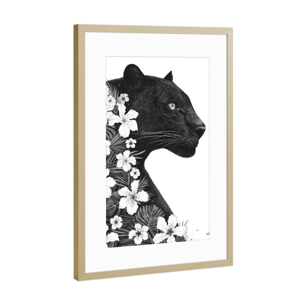 Poster mit Rahmen Gold "Panther with flowers" artboxONE - Natur,Floral,Tiere,Schwarzweiß - Panther,Cat,Black and white,Flowers,Animal