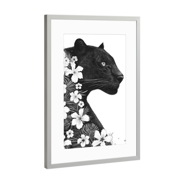 Poster mit Rahmen Silber "Panther with flowers" artboxONE - Natur,Floral,Tiere,Schwarzweiß - Panther,Cat,Black and white,Flowers,Animal