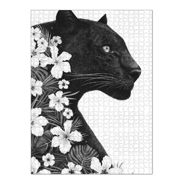Puzzle Ravensburger "Panther with flowers" artboxONE - Natur,Floral,Tiere,Schwarzweiß - Panther,Cat,Black and white,Flowers,Animal - Bild panther