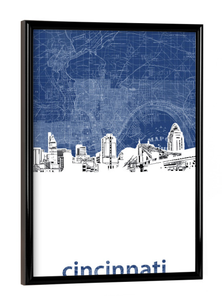 Poster mit schwarzem Rahmen "Cincinnati skyline map blue" artboxONE - Städte,Architektur,Kartografie