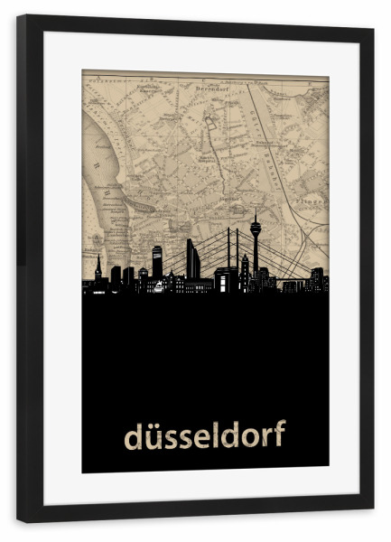 Poster mit Rahmen schwarz "Dusseldorf skyline map" artboxONE - Städte,Reise,Architektur,Städte / Düsseldorf,Kartografie