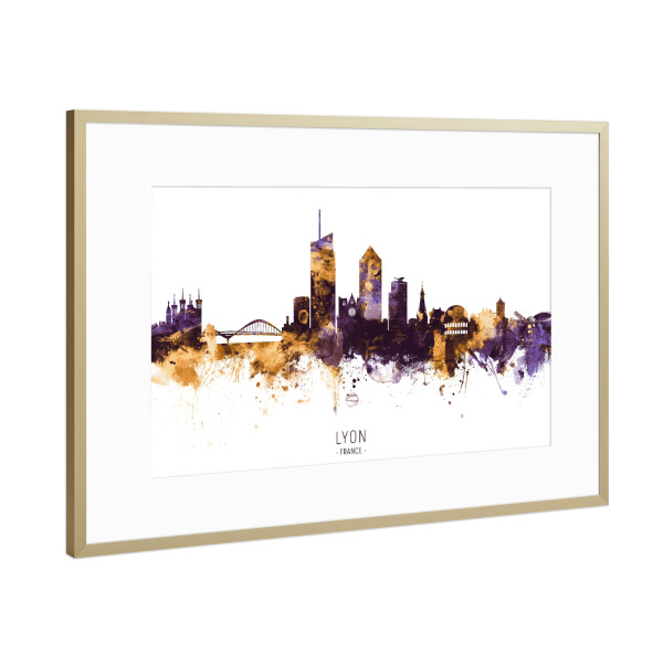 Poster mit Rahmen Gold "Lyon France Skyline PurpleGold" artboxONE - Städte - Lyon,France,Skyline,Cityscape,Stadtbild,Watercolor,Europe,City