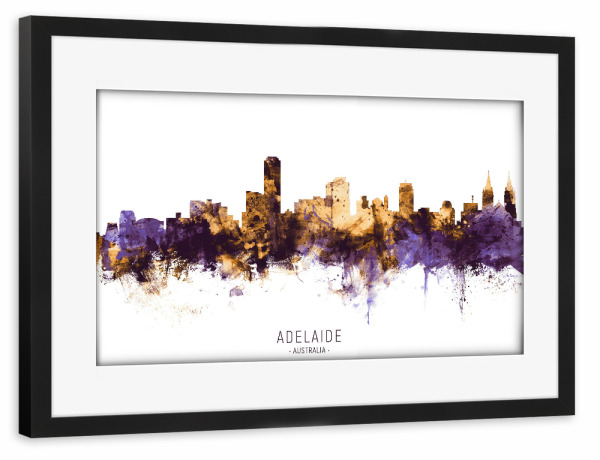 Poster mit Rahmen schwarz "Adelaide Skyline PurpleGold" artboxONE - Städte - Adelaide,Australia,Skyline,Cityscape,Stadtbild,Watercolor,City
