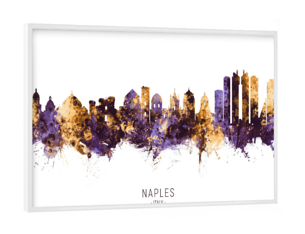 Poster mit weißem Rahmen "Naples Italy Skyline PurpleGold" artboxONE - Städte - Naples,Italy,Skyline,Cityscape,Stadtbild,Watercolor,City