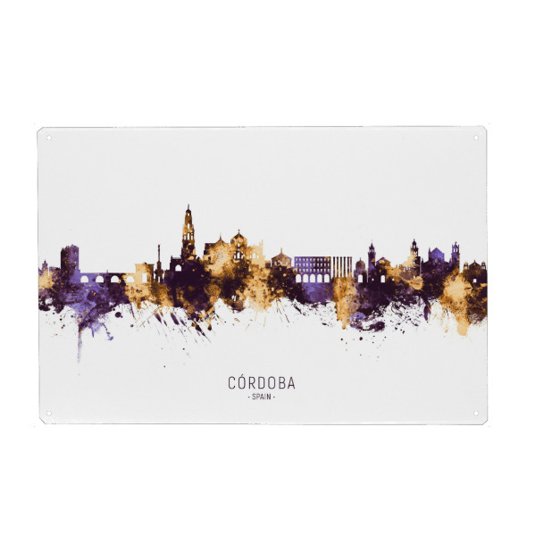 Holzbild "Cordoba Spain Skyline PurpleGold" artboxONE - Städte - Córdoba,Spain,Skyline,Cityscape,Stadtbild,Watercolor,City
