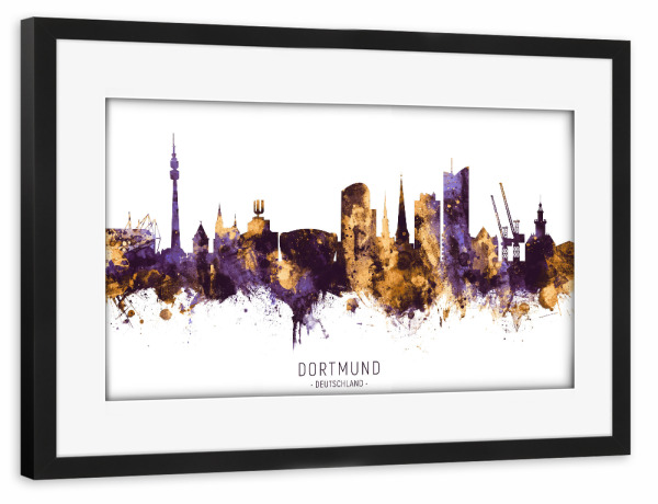Poster mit Rahmen schwarz "Dortmund Skyline PurpleGold" artboxONE - Städte - Dortmund,Deutschland,Skyline,Cityscape,Stadtbild,Watercolor,City