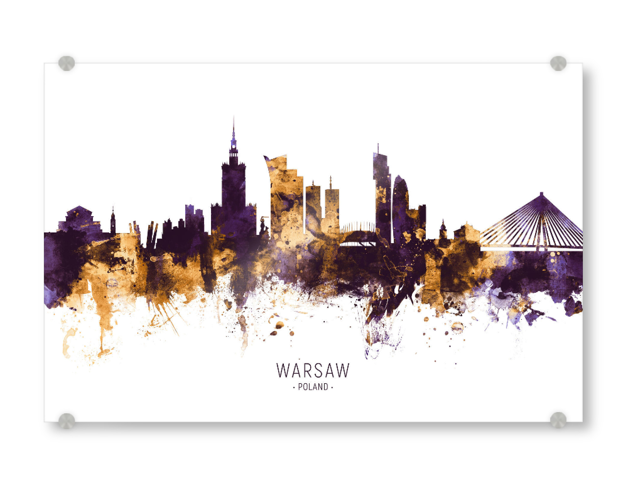 Acrylglasbild "Warsaw Poland Skyline PurpleGold" artboxONE - Städte - Warsaw,Poland,Skyline,Cityscape,Stadtbild,Watercolor,City
