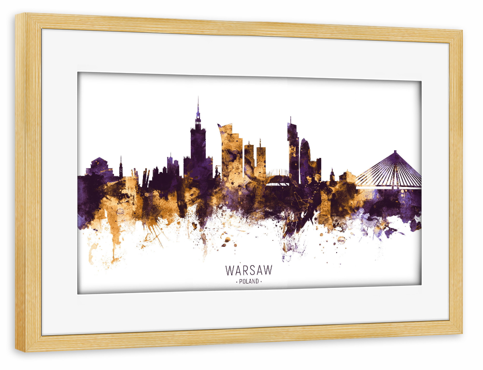 Poster mit Rahmen kiefer "Warsaw Poland Skyline PurpleGold" artboxONE - Städte - Warsaw,Poland,Skyline,Cityscape,Stadtbild,Watercolor,City