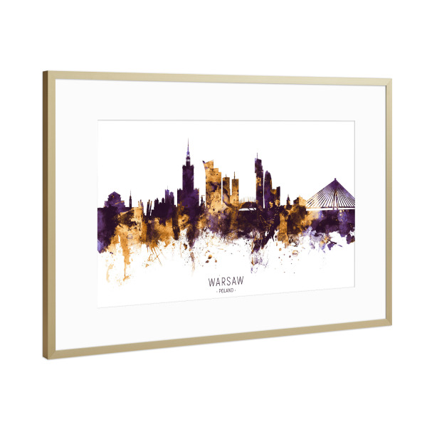 Poster mit Rahmen Gold "Warsaw Poland Skyline PurpleGold" artboxONE - Städte - Warsaw,Poland,Skyline,Cityscape,Stadtbild,Watercolor,City