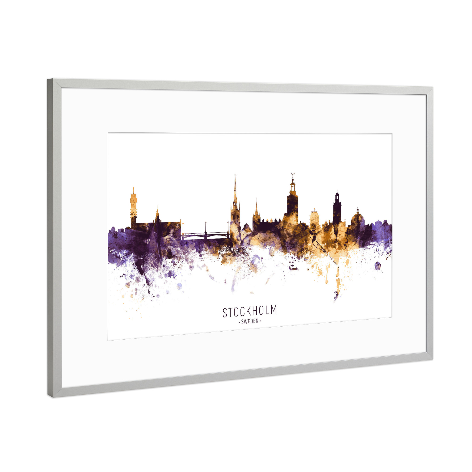 Poster mit Rahmen Silber "Stockholm Skyline PurpleGold" artboxONE - Städte,Städte / Stockholm