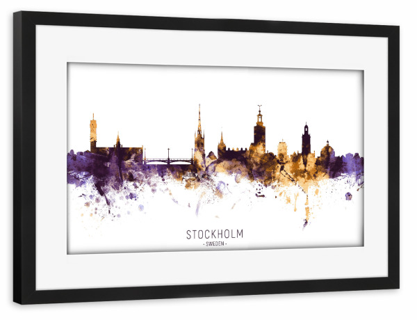 Poster mit Rahmen schwarz "Stockholm Skyline PurpleGold" artboxONE - Städte,Städte / Stockholm